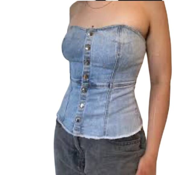 Vintage Guess denim top strapless front button closure stretch acid wash Y2k MD - Picture 1 of 9